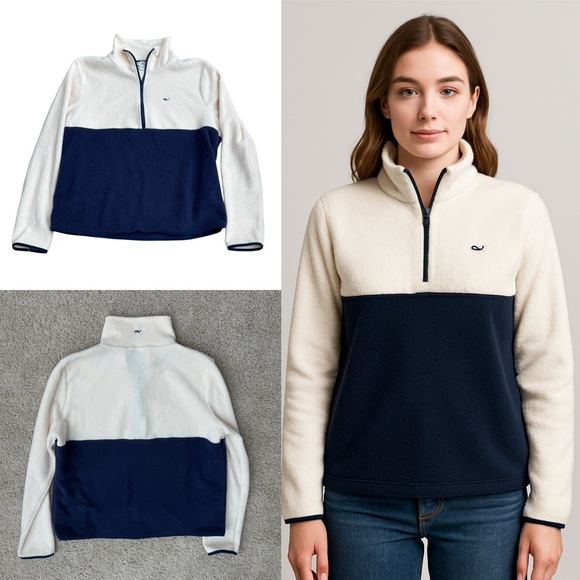 Vineyard Vines Navy and Cream Half-Zip Fleece Pullover Size XL - Picture 1 of 8